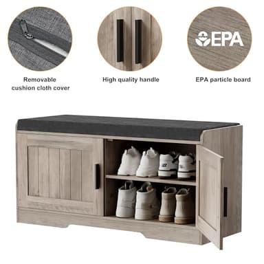 Homleke 2-Tier Storage Bench, Shoe Bench with Thickened Padded Seat Cushion, Entryway Bench with 2 Doors, Adjustable Shelf, 13.8" D x 37.4" W x 18.5" H, for Entryway, Living Room, Bedroom, Greige - Image 7