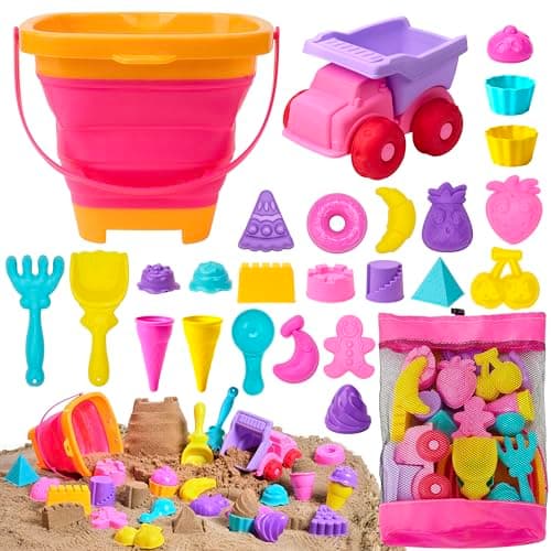 Sloosh Beach Sand Toys Set - Pink Dump Truck Car Toy with Sand Molds, Collapsible Buckets Mesh Bag Shovels Castle Ice Cream Mold for Ages Kids Toddlers Sandbox Toys Gifts Travel Vacation (Foods) - Image 1