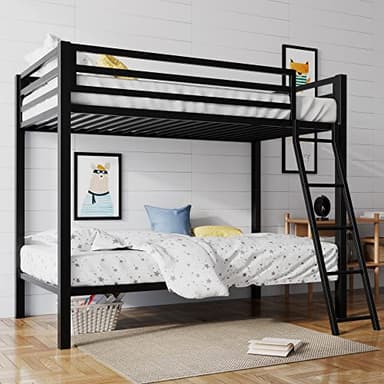 SHA CERLIN Loft Bunk Bed Twin Over Twin Size with Ladder and Guardrail,Heavy Duty Metal Slats Support No Box Spring Needed Small Space Saving Furniture for Bedroom Dorm,Black - Image 1