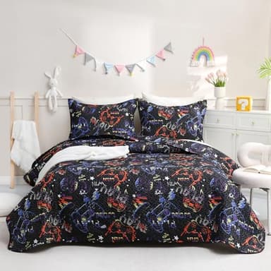 JSD Black Gaming Kids Quilt Set Full/Queen, Microfiber Printed Bedspread Coverlet with Pillow Shams, Soft Lightweight Summer Quilted Blanket - Image 8