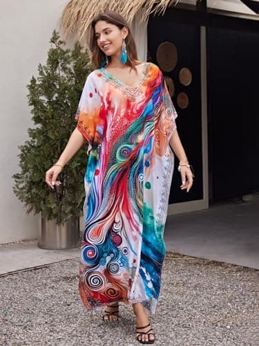 IMAGEKOPE Women's Plus Size Loose Fit Moroccan Print V-Neck Batwing Kaftan Beach Dress Bathing Suit Cover Up - Image 2