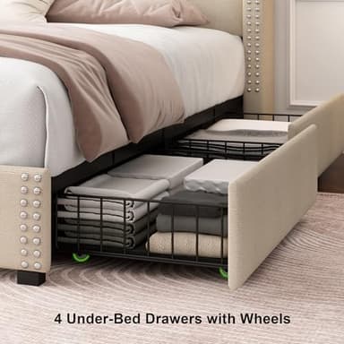 Feonase Full Size Platform Bed Frame with 4 Storage Drawers, Upholstered Wingback Bed Frame with Charging Station, Solid Wood Slats Support, Beige - Image 6