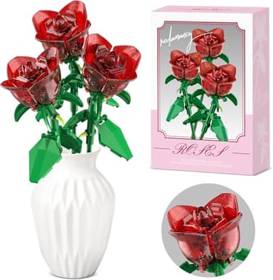 Rose Flowers Bouquet Building Decoration Set Compatible with Lego Flowers, Artificial Flowers for Home Décor, Roses Botanical Collection Women Mens Gifts Ideas for Christmas Stocking Stuffers (Red) - Image 1