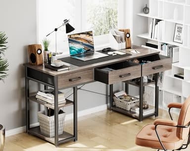 ODK Office Small Computer Desk: Home Table with Fabric Drawers & Storage Shelves, Modern Writing Desk, Grey Oak, 48"x16" - Image 7