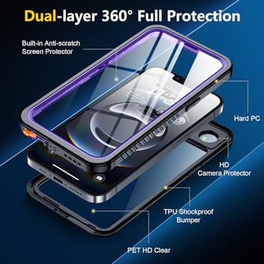 SPIDERCASE for iPhone 16e Case Waterproof,Built-in Screen & Camera Lens Protector[IP68 Underwater] [Military Grade Shockproof] Cell Phone Home Button Stickers, Purple/Clear - Image 6