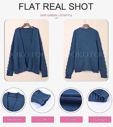 Dokotoo 2025 Womens Fall Cardigan Sweaters Casual Open Front Long Sleeve Solid Cable Knit Chunky Ribbed Winter Stylish Loose Ladies Girls Cardigans Coats Jackets Outerwear Blue M - Image 4