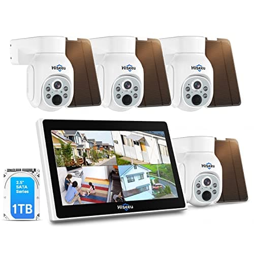Hiseeu Solar Security Camera Outdoor, 4PCS 4MP Wireless Security Camera System with 10in LCD, 2-Way Audio, PT 360°, Night Vision, Motion Detection, 2.4G WiFi, No Subscription fee - Image 1