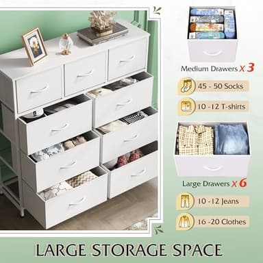 WLIVE 9-Drawer Dresser, Fabric Storage Tower for Bedroom, Hallway, Closet, Tall Chest Organizer Unit for Bedroom with Fabric Bins, Steel Frame, Wood Top, Easy Pull Handle, White - Image 6