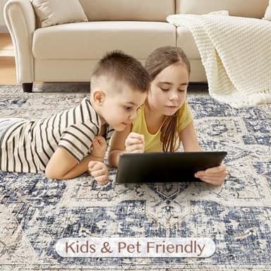 Tortania Area Rug Living Room Rugs - 7x9 Washable Boho Rug Vintage Oriental Distressed Farmhouse Large Thin Indoor Carpet for Living Room Bedroom Under Dining Table Home Office - Cream Blue - Image 6