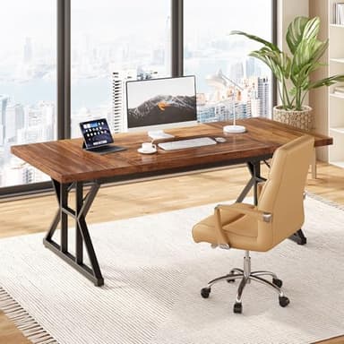 LITTLE TREE 70.8-Inch Office Desk, Wooden Executive Office Desk, Modern Work Desk, Large Farmhouse Writing Table Computer Desk for Home, Brown-Black - Image 2