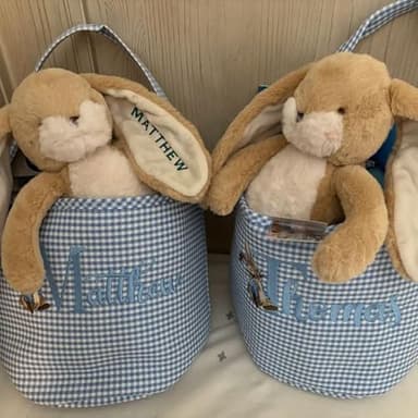 Personalized Easter Basket for Kids - Embroidered Bunny Nursery Storage Tote, Custom Easter Basket in pink/blue plaid, Easter Egg Hunt Bucket - Image 9