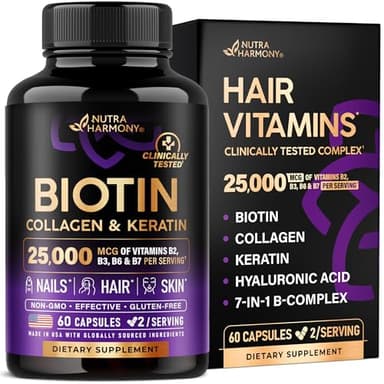 Biotin | Collagen | Hyaluronic Acid | Keratin - Clinically Tested Supplement - Hair Growth Support, Skin & Nails - 25000 mcg Vitamins B2, B3, B6 & B7 + B1 - Made in USA - Women & Men | 60 Capsules - Image 1