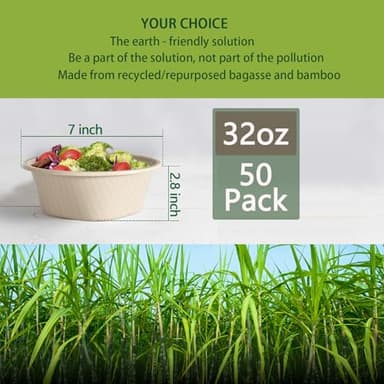 Homestockplus 32 Oz Deep Paper Bowls Disposable Bowl - Disposable Heavy Duty Compostable Bowls, Eco-friendly Sugarcane Bagasse Biodegradable Bowl for Soup, Salad, Dessert, Ice Cream [50 Pack] - Image 2