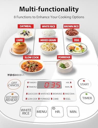 Toshiba Mini Rice Cooker, 3 Cups Uncooked Small Rice Cooker, Steamer & Warmer, With Fuzzy Logic And One-Touch Cooking, 24 Hour Delay Timer And Auto Keep Warm Feature, White - Image 3