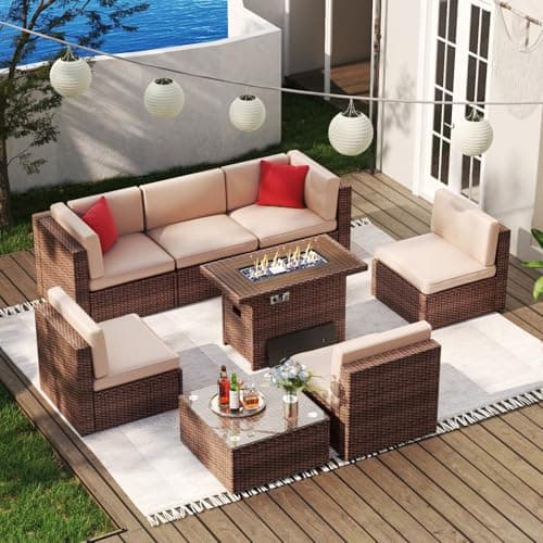 Aoxun 8PCS Patio Furniture Set with 40" Fire Pit Table Outdoor Sectional Sofa Sectional Wicker Furniture Set with Coffee Table for Patio Garden(8 PCS Brown) - Image 1