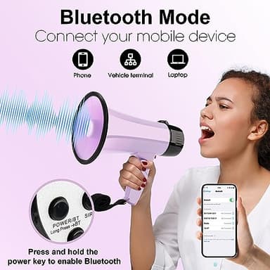 MGROLX 20W Megaphone Bullhorn| Bull Horn Loud Speaker with Bluetooth | Mega Phone Built-in Siren & Whistle Plus Recording funcation | Voice Changer for Adults, Kids, Party Games and Outdoor (Purple) - Image 5