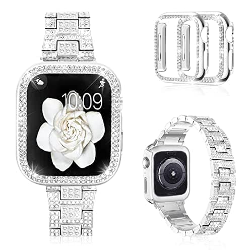 Mosonio Compatible with Apple Watch Band 42mm S11 S10 with Case Women, Bling Metal Wristband Strap with 2 Pack Bling PC Protective Cover for iWatch Series 11/10(42mm,Silver) - Image 1
