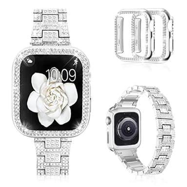 Mosonio Compatible with Apple Watch Band 42mm S11 S10 with Case Women, Bling Metal Wristband Strap with 2 Pack Bling PC Protective Cover for iWatch Series 11/10(42mm,Silver) - Image 1