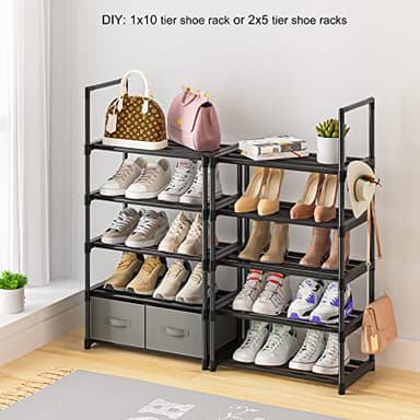 OYREL Tall Shoe Rack Narrow 10 Tier Shoes Rack 20 25 Pairs, Shoe Storage Organizer for Closet, Sturdy Metal Shoe Shelf Shoe Stand with 2 Boxes 1 Hook - Image 5