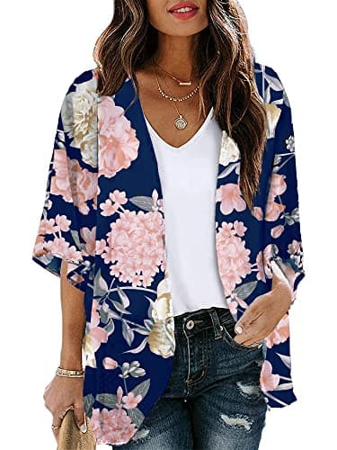 Chunoy Women Summer Floral Print Short Sleeve Chiffon Kimono Cardigan Open Front Blouse Top Beach Wear Cover Up Navy Blue Large - Image 1