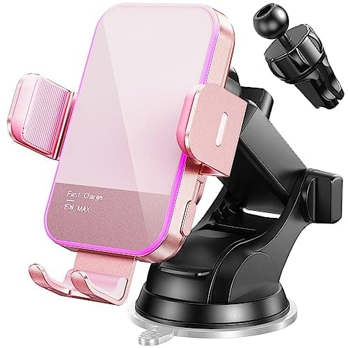 Wireless Car Charger,【7 Colored LED Backlit】 15W Auto Clamping Car Charger Phone Mount Holder fit for iPhone 14 13 12 Mini Pro Max 11 XR XS, Samsung Galaxy S23 Ultra S22 S21+ S10+ Note 20, etc - Pink - Image 1