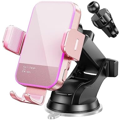 Wireless Car Charger,【7 Colored LED Backlit】 15W Auto Clamping Car Charger Phone Mount Holder fit for iPhone 14 13 12 Mini Pro Max 11 XR XS, Samsung Galaxy S23 Ultra S22 S21+ S10+ Note 20, etc - Pink - Image 1