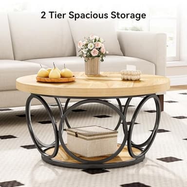 LITTLE TREE Coffee Table for Living Room, 31.5" Round Wood Center Table, Farmhouse Large Circle Coffee Tables with 2-Tier Storage, Modern Simple Brown Tea Table - Image 6