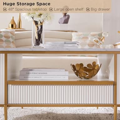 OKD Modern Luxury Fluted Coffee Table, 48" Oval Coffee Table with Drawer, Faux Marble Top, Curved Profile Design, Gold Metal Decor, Center Table for Living Room, Off White - Image 5