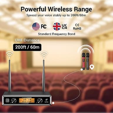 Wireless Microphone System, TONOR Professional Metal Cordless Karaoke Microphones, Handheld Dynamic Mic Set with Receiver for Party, Meeting, KTV, Church, DJ, Wedding, Singing, 200ft, TW820 Black &Red - Image 3