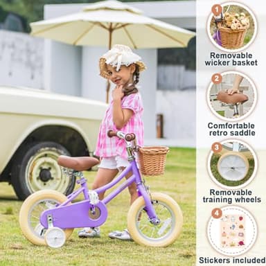 Petimini 16 Inch Little Kids Bike for Age 4 5 6 7 Years Old Girls Retro Vintage Style Bicycles with Basket Training Wheels and Bell, Purple - Image 3
