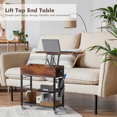 Colima Lift Top End Table with Charging Station and Wheels, Sofa Side Table with USB Port & AC Outlets, Movable Bedside Nightstand with Side Bag for Office Living Room Bedroom(Rustic Wood) - Image 7