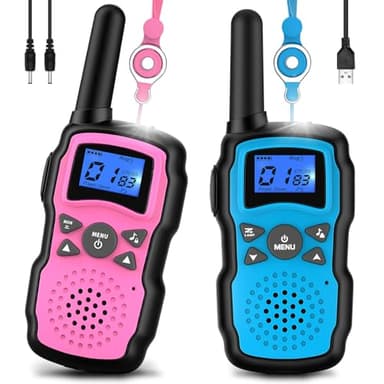 Wishouse Walkie Talkies for Kids Rechargeable Long Range,4 5 6 7 8 Year Old Boy Girl Birthday Gift,Camping Games Cool Toys Ideas for Children with 6000mAh Batteries,Flashlight,Lanyard,2 Pack Pink Blue - Image 1