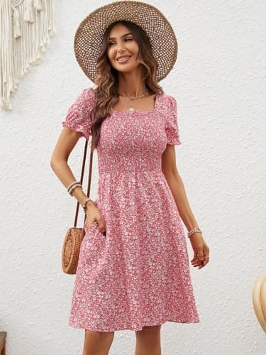 Berydress Women's Short Sleeve Dress with Pockets Square Neck Floral Mini Sundress Summer Casual Boho Smocked Dresses 2025 (S,6203-Pink Flower) - Image 7