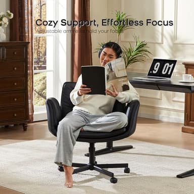 amseatec Criss Cross Chair with Armrests & Wheels, PU Leather Vanity Chair, Comfortable Adjustable Swivel Computer Office Desk Chairs for Home, Make Up, Bed Room (Black) - Image 6