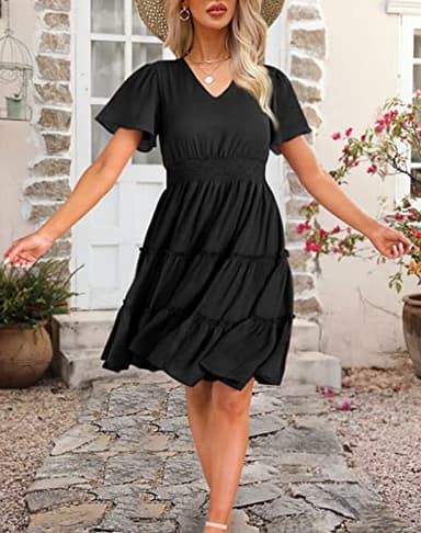 Zattcas Women 2025 Sping Summer Dress Short Sleeve V Neck Smocked Casual Flowy A Line Tiered Modest Teacher Work Graduation Wedding Guest Midi Dress Black M - Image 4