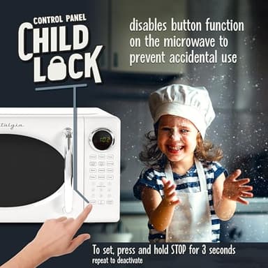 Nostalgia Retro Microwave Oven - 0.7 Cu Ft, 700-Watt Countertop Size with Glass Turntable, Child Safety Lock, 8 Auto-Cook Programs, Digital Clock - White - Image 5