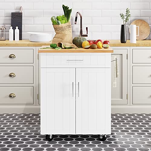 Shintenchi Kitchen Island Cart with Storage,Rolling Side Table on Wheels with Large Worktop, Cabinet,Towel Rack and Drawers for Kitchen,Dinning Room, White - Image 1