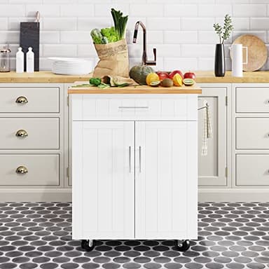 Shintenchi Kitchen Island Cart with Storage,Rolling Side Table on Wheels with Large Worktop, Cabinet,Towel Rack and Drawers for Kitchen,Dinning Room, White - Image 1