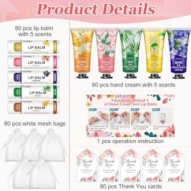 80 Sets Bulk Hand Cream and Bulk Lip Balm Gifts, Bridesmaid Gifts, Baby Shower Party Favors and Bridal Shower Gifts for Guests with Thank You Card Organza Bags, Thank You Gifts for Coworkers Women - Image 2