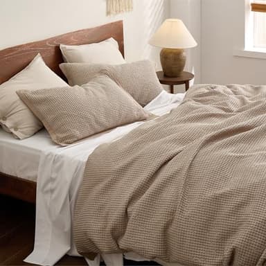 Bedsure Cotton Duvet Cover Queen - 100% Cotton Waffle Weave Khaki Duvet Cover Queen Size, GentleSoft™ and Breathable Tan Bedding Set for All Season, 3 Pieces, 90"x90" - Image 3