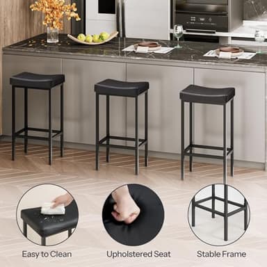 HOOBRO Bar Stools,Set of 3 Bar Chairs, Counter Height Bar Stools, Saddle Stools, Set of 3 Kitchen Stools, 24.8" Barstools, 2.4" Thick Upholstery, for Kitchen, Dining Room, Cafe, Black BB10BYP301 - Image 4