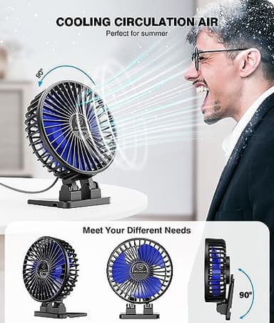 JZCreater USB Desk Fan, Mini Portable Fans, 3 Speeds Desktop Table Cooling Fan, Plug in Power, Rotation Strong Wind, Quiet Personal Small for Home Office Travel Bedroom, Black Blue - Image 4