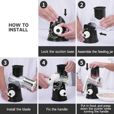 REDPANT Rotary Cheese Grater with Handle, Kitchen Mandoline Vegetable Slicer with 3 Interchangeable Blades & Strong Suction Base, Easy to Clean Grater for Vegetables, Fruit, Nuts, Black - Image 6