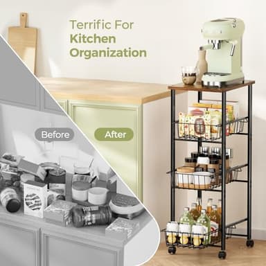 Delamu Kitchen Organizer and Storage Cart, 4-Tier Rolling Utility Cart with Wheels, Slide-Out Baskets and Table Top, for Fruit Potato Onion Vegetable Snack,Black - Image 6