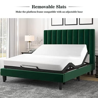 Allewie Queen Bed Frame/Velvet Upholstered Bed Frame with Vertical Channel Tufted Headboard/Strong Wooden Slats/Platform Bed Frame/Mattress Foundation/Box Spring Optional/Easy Assembly/Green - Image 8