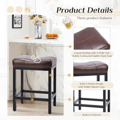 Sweetcrispy Bar Stools Set of 2, 24 Inch Counter Height Stools, PU Leather Upholstered Bar Chairs with Footrest, Modern Bar Stools for Kitchen Island, Dining, Living Room, Brown - Image 4