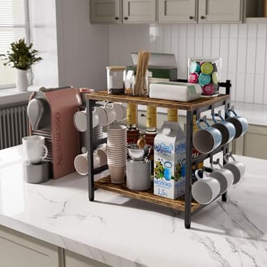Aquzee Large Coffee Bar Counter Top Shelf with Cup Holder, Cofe Tea Station Organizer Shelves Stand for Countertop with 12 Hooks for Mug, 2 Tier Kitchen Bar Decorations for Home 11"D x 15.8"W x 16.1"H - Image 4