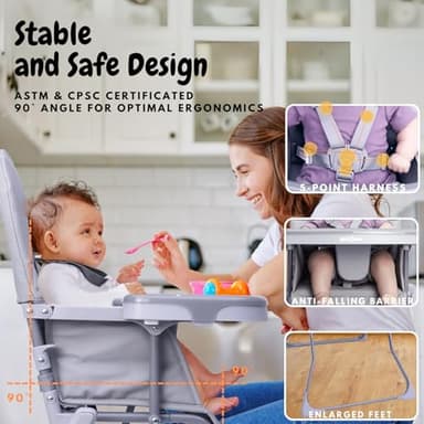 Bicystar Foldable Baby High Chair with Easy Clean Double-Layer Tray, Adjustable Foot Rest, Safety First 5 Point Harness, Compact Space Saver Baby Feeding Chair Portable for Travel - Image 5