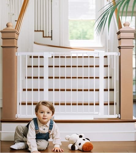 Cumbor 29.7-48" Baby Gate for Stairs, Mom's Choice Awards Winner-Dog Gates for Doorways, Auto Close Safety Pet Gate for Dogs Indoor, Easy Install Pressure Mounted Child Gate with Walk Thru Door, White - Image 1
