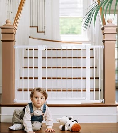 Cumbor 29.7-48" Baby Gate for Stairs, Mom's Choice Awards Winner-Dog Gates for Doorways, Auto Close Safety Pet Gate for Dogs Indoor, Easy Install Pressure Mounted Child Gate with Walk Thru Door, White - Image 1